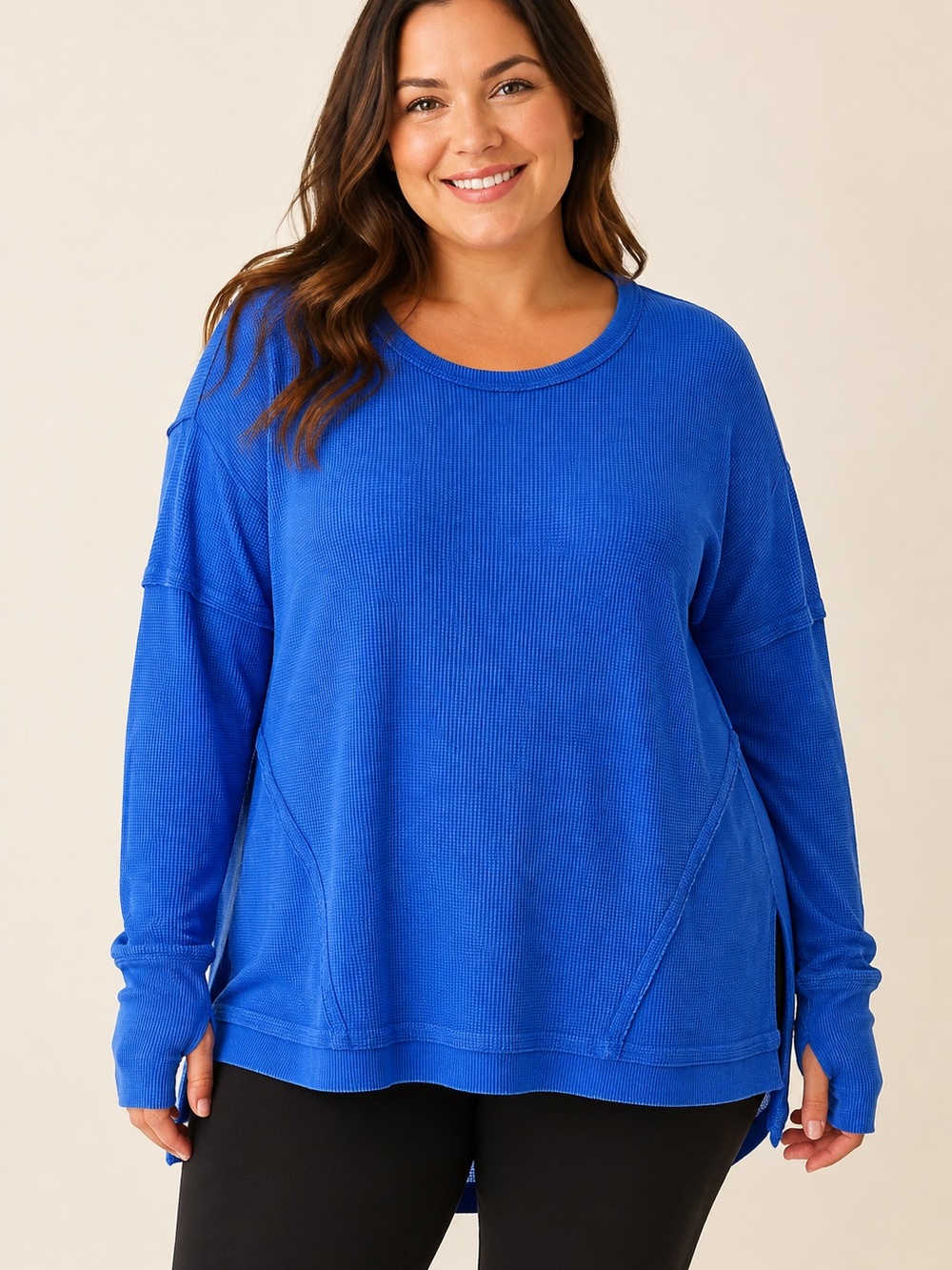 Seven7 Waffle-Knit Long Sleeve Top in Cobalt Blue XL